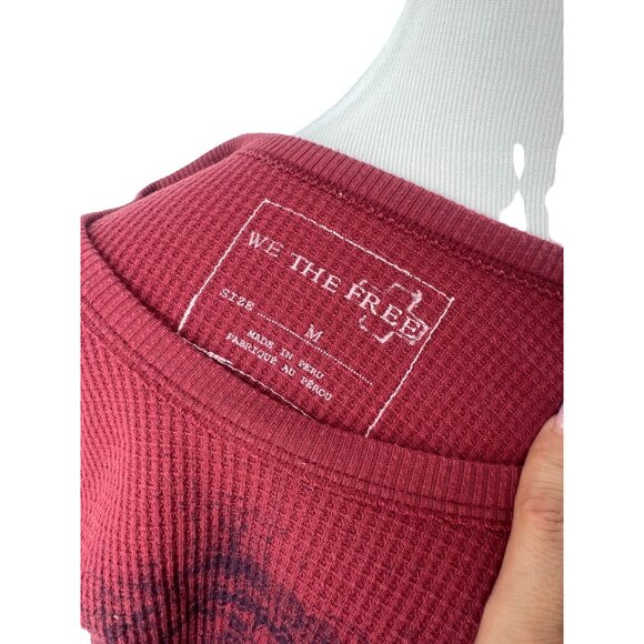 Free People Burgundy Graphic Bull Print Waffle Knit Thermal Top M | Western Boho - Picture 8 of 11